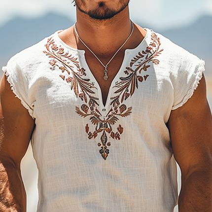 Men's Summer Retro Western Style V-Neck T-Shirt | Cotton Linen Blend | Embroidered Details | Casual Fashion | Breathable | Lightweight | Classic Design | Comfortable Fit | Versatile Summer Essential