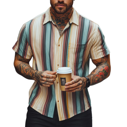 Men's Retro Colorblock Striped Shirt | Short Sleeve | Bold Vintage Style | Soft Cotton Blend | Lapel Neck | Casual Fit | Warm Weather | Eye-Catching Design | Machine Washable