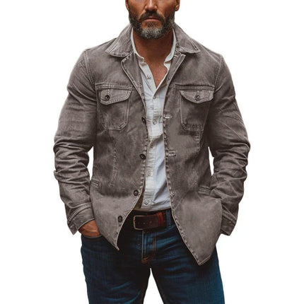 Men's Vintage Leather Jacket | Heavy Washed Leather | Lapel Collar | Single Breasted | Multi-Pocket Design | Durable Outerwear | Classic Style | Casual Workwear