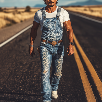 Men's Retro Western Cowboy Washed Denim Overalls | Spring And Summer Fashion | Bold Leopard Print | Distressed Knee Holes | No Belt Needed | Street Style Edge | Comfortable Breathable Design