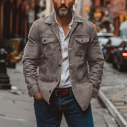 Men's Vintage Leather Jacket | Heavy Washed Leather | Lapel Collar | Single Breasted | Multi-Pocket Design | Durable Outerwear | Classic Style | Casual Workwear