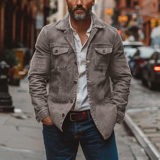 Men's Vintage Leather Jacket | Heavy Washed Leather | Lapel Collar | Single Breasted | Multi-Pocket Design | Durable Outerwear | Classic Style | Casual Workwear