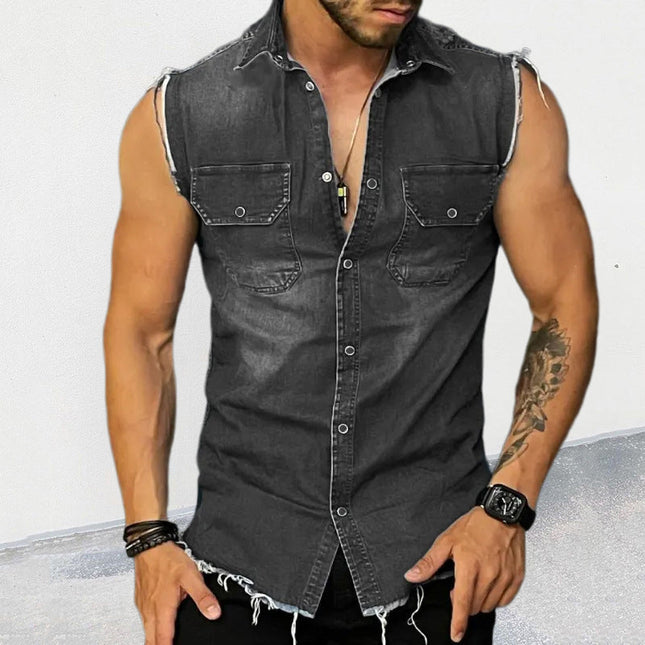 Men's Vintage Washed Denim Shirt | Raw Edge Sleeveless | Lapel Collar | Casual Summer Top | Edgy Style | Premium Soft Cotton | Easy Care | Versatile Fashion | Various Sizes Available