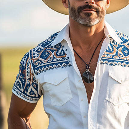 Men's Button-Down Shirt | Western Cowboy Style | Aztec Print | Short Sleeve | Relaxed Fit | Breathable Cotton Blend | Classic Lapel Collar | Bold Southwestern Design | Summer | Music Festivals | Casual Outings