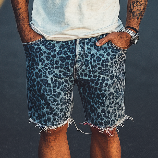 Men's Retro Western Cowboy Shorts | Leopard Print | Washed Denim | Loose Fit | Raw Edge Hem | Casual Style | Spring and Summer Fashion