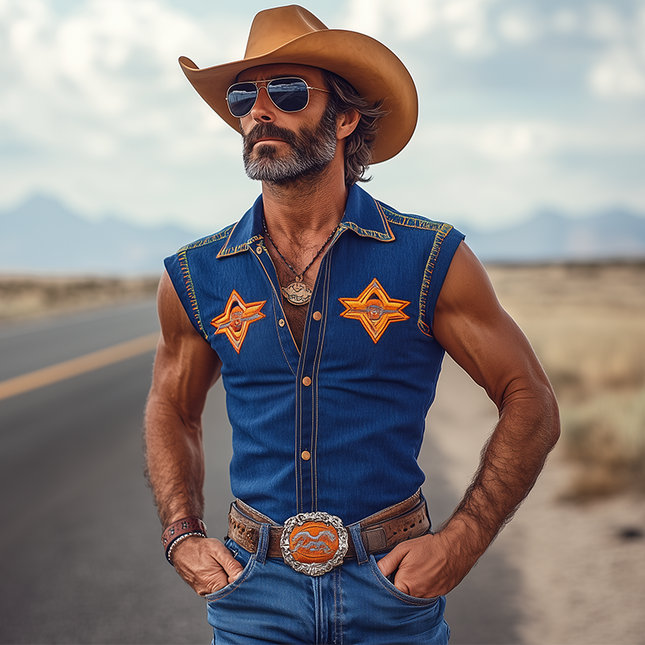 Men's Sleeveless Tencel Denim Shirt | Retro Western Cowboy Style | Embroidered Metal Buttons | Slim Fit | Breathable Summer Wear | Tailored Lapel Collar | Stylish Casual Streetwear