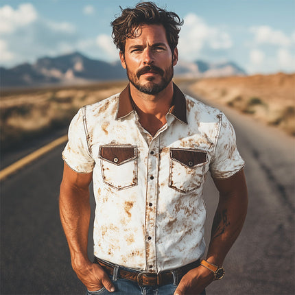 Men's Western Cowboy Shirt | Colorblock Print | Short Sleeve | Snap-Button Closure | Premium Cotton Blend | Point Collar | Regular Fit | Vibrant Design | Casual & Stylish | Ideal for Warm Seasons | MTA1370E7U
