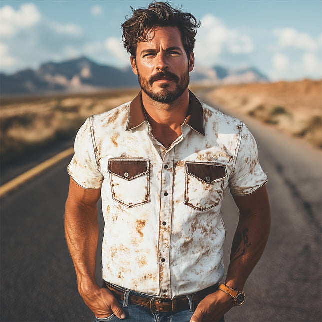 Men's Western Cowboy Shirt | Colorblock Print | Short Sleeve | Snap-Button Closure | Premium Cotton Blend | Point Collar | Regular Fit | Vibrant Design | Casual & Stylish | Ideal for Warm Seasons | MTA1370E7U