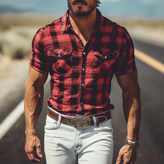 Men's Cotton Linen Blend Shirt | Retro Western Cowboy Plaid | Short-Sleeved Casual Summer Shirt | Vintage Style | Breathable & Comfortable