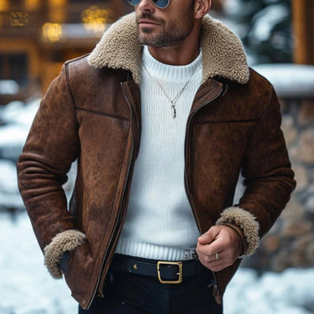 Men's Leather Lambswool Coat | Vintage Style | Warm Lapel | Patchwork Design | Zipper Closure | Slim Fit | Genuine Leather | Functional Pockets | Winter Outerwear | Casual to Semi-Formal | Various Sizes