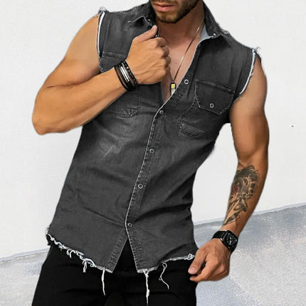 Men's Vintage Washed Denim Shirt | Raw Edge Sleeveless | Lapel Collar | Casual Summer Top | Edgy Style | Premium Soft Cotton | Easy Care | Versatile Fashion | Various Sizes Available