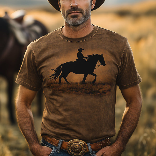 Men's Western Cowboy Style T-Shirt | Printed Crew Neck | Cotton Blend | Short Sleeve | Casual Everyday Wear | Vintage Motif | Various Sizes
