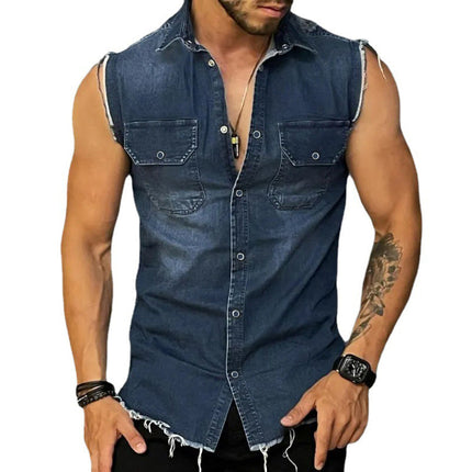 Men's Vintage Washed Denim Shirt | Raw Edge Sleeveless | Lapel Collar | Casual Summer Top | Edgy Style | Premium Soft Cotton | Easy Care | Versatile Fashion | Various Sizes Available