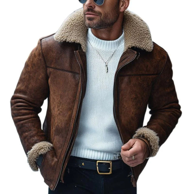 Men's Leather Lambswool Coat | Vintage Style | Warm Lapel | Patchwork Design | Zipper Closure | Slim Fit | Genuine Leather | Functional Pockets | Winter Outerwear | Casual to Semi-Formal | Various Sizes
