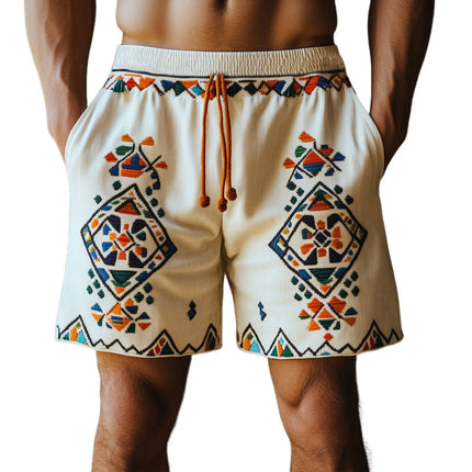 Men's Retro Geometric Embroidery Shorts | Summer Cotton Linen Blend | Casual Beachwear | Adjustable Waist | Breathable Fabric | Artful Design | Sizes S-3XL