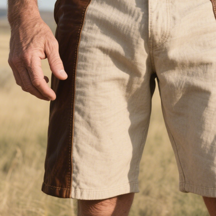 Men's Western Cowboy Style Cotton Shorts | Retro Leather Stitching | Classic Ranch Inspired | Breathable Material | Relaxed Casual Fit | Adjustable Waistband | Perfect for Outdoor Activities | Sizes S-3XL