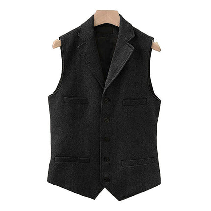 Men's Wool Blend Vest | Vintage Style | Single Breasted with Lapel | Slim Fit | Charcoal Navy Herringbone Patterns | Smart Casual Formal Wear | Adjustable Back | Functional Pockets | Year-Round Outerwear
