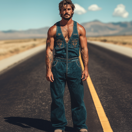 Men's Retro Western Cowboy Denim Jumpsuit | Summer Fashion | Embroidered Design | High-Quality Lightweight Fabric | Snap Buttons | Practical Pockets | Classic Style | All-Day Comfort