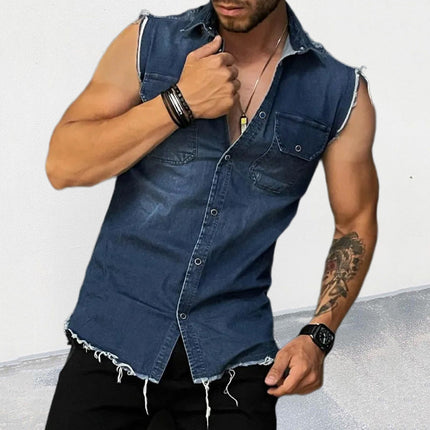 Men's Vintage Washed Denim Shirt | Raw Edge Sleeveless | Lapel Collar | Casual Summer Top | Edgy Style | Premium Soft Cotton | Easy Care | Versatile Fashion | Various Sizes Available