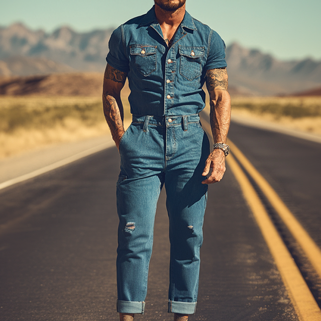 Men's Premium Denim Jumpsuit | Retro Western Cowboy Style | Summer Fashion | High-Quality Fabric | Pointed Yokes | Snap Buttons | Tailored Fit | Versatile Styling | Durable & Lightweight | Practical Design