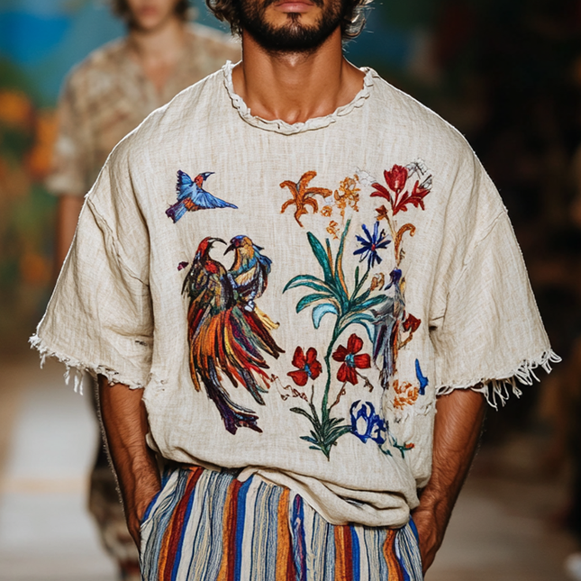 Men's Embroidered Cotton & Linen T-Shirt | Round Neck | Short Sleeves | Casual & Breathable | Stylish & Comfortable | Elegant Embroidery