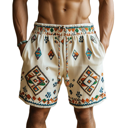 Men's Multicolor Geometric Embroidered Shorts | Cotton Blend | Adjustable Drawstring Waist | Mid-Thigh Length | Vibrant Summer Style | Breathable Fabric | Ideal for Beach and Casual Wear | Sizes S to 3XL