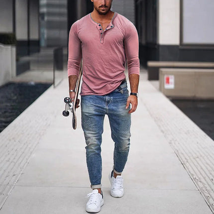 Men's Cotton Blend Henley Neck Slim Fit Long Sleeve T-Shirt | Casual Modern Style | Versatile Wardrobe Staple | Soft Breathable Fabric | Button Placket Detail | Durable Easy Care | Multiple Sizes & Colors