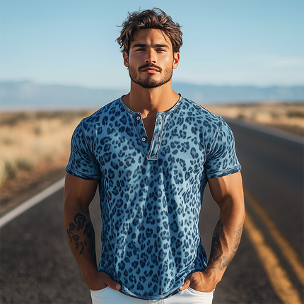 Men's Leopard Print Henley T-Shirt | Cotton Blend Short Sleeve | Western Style Casual Top | Spring & Summer Wear | Fashionable Retro Design | Breathable Slim Fit | Versatile Styling with Jeans or Jackets