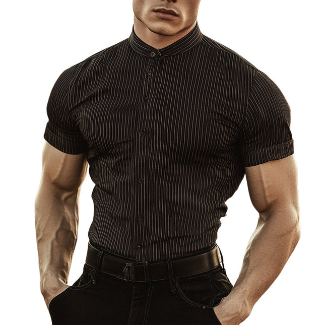 Men's Cotton Blend Shirt | Striped | Stand Collar | Short Sleeve | Breathable | Comfortable | Versatile Style | Casual to Semi-Formal Wear | Multiple Patterns | Classic & Modern Design