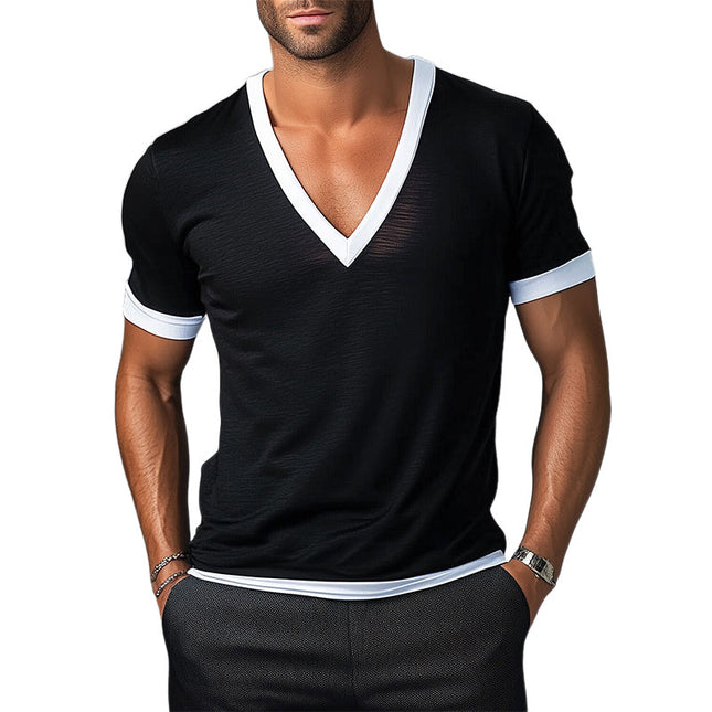Men's Contrast V-Neck Short Sleeve T-Shirt | Cotton Blend | Comfortable & Breathable | Tailored Fit | Stylish Design