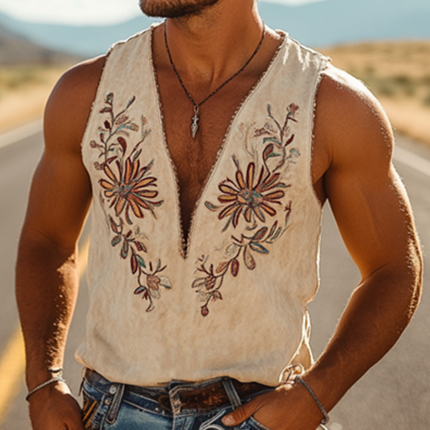 Men's Western Suede Tank Top | Cowboy Style | Embroidered Deep V Neck | High-Quality Material | Versatile Casual Wear | Unique Western Design | Durable and Stylish | Iconic American Fashion