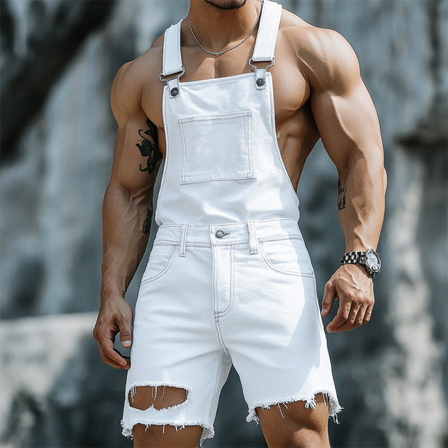 Men's Retro Denim Bib Shorts | Casual | Ripped Distressed Style | Adjustable Waist | Vintage Workwear Vibe | High-Quality 100% Denim | Relaxed Fit | Versatile Spring Summer Wear | Sizes S-3XL