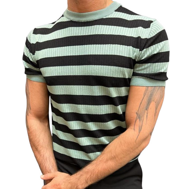 Men's Striped Breathable Knitted T-Shirt | Casual Contrast Colors | Short Sleeve Round Neck | Versatile Everyday Layer | Summer Essential | Comfortable Lightweight Fashion
