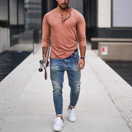 Men's Cotton Blend Henley Neck Slim Fit Long Sleeve T-Shirt | Casual Modern Style | Versatile Wardrobe Staple | Soft Breathable Fabric | Button Placket Detail | Durable Easy Care | Multiple Sizes & Colors