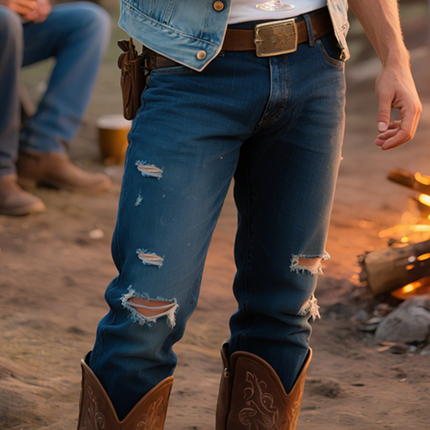 Men's Retro Western Style | Casual Denim | Washed Ripped Jeans | Rugged Straight-Leg Fit | Mid-Rise Waist | Versatile Year-Round Wear | Durable Comfort