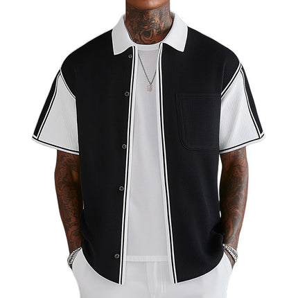 Men's Short Sleeve Shirt | Black and White Stitching | Business Casual Knit | Breathable Comfort | Tailored Fit | Classic Turn-Down Collar | Sizes S to 3XL