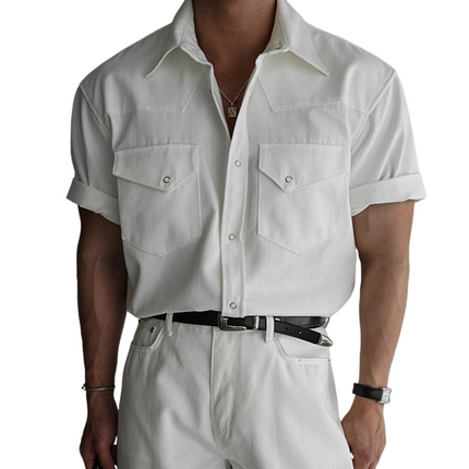 Men's Casual Solid Color Short Sleeve Shirt | Lapel Collar | Chest Pocket | Breathable Cotton Blend | Versatile Everyday Outfit | Classic Style