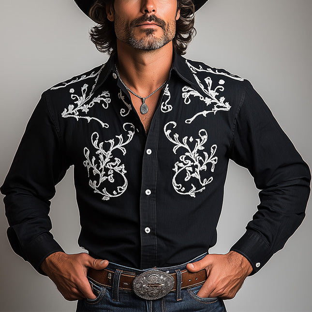 Men's Western Cowboy Style Shirt | Embroidered Long-Sleeve | Summer Blended Fabric | Classic Pointed Collar | Button-Up Front | Rugged Sophisticated Design | Versatile Attire