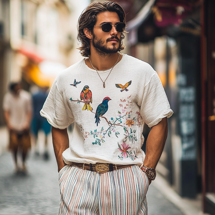 Men's Embroidered Round Neck T-Shirt | Cotton Linen Blend | Short Sleeve Casual Top | Breathable Elegant Design