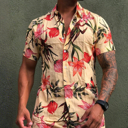 Men's Hawaiian Floral Print Two-Piece Set | Retro Casual Short Sleeve Shirt & Shorts | Notched Lapel | Summer Beach Outfit | Lightweight Breathable Fabric | Elastic Waist | Vacation Clothing | Sizes S to 3XL