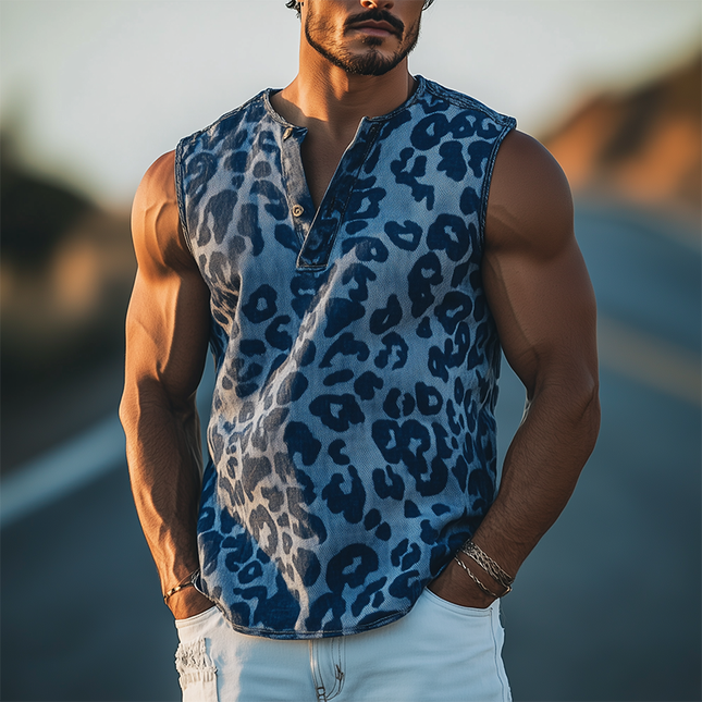 Men's Leopard Jacquard Denim Tank Top | Retro Western Style | Henley Collar | Sleeveless | Slim Fit | Durable Fabric | Vintage Cowboy Influence | Casual Summer Top