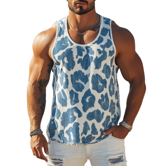 Men's Retro Western Style Tank Top | Leopard Jacquard Denim | U-Neck Design | Sleeveless Fit | Fashionable Cowboy Look | Vintage Streetwear | Durable & Breathable | Tailored Fit
