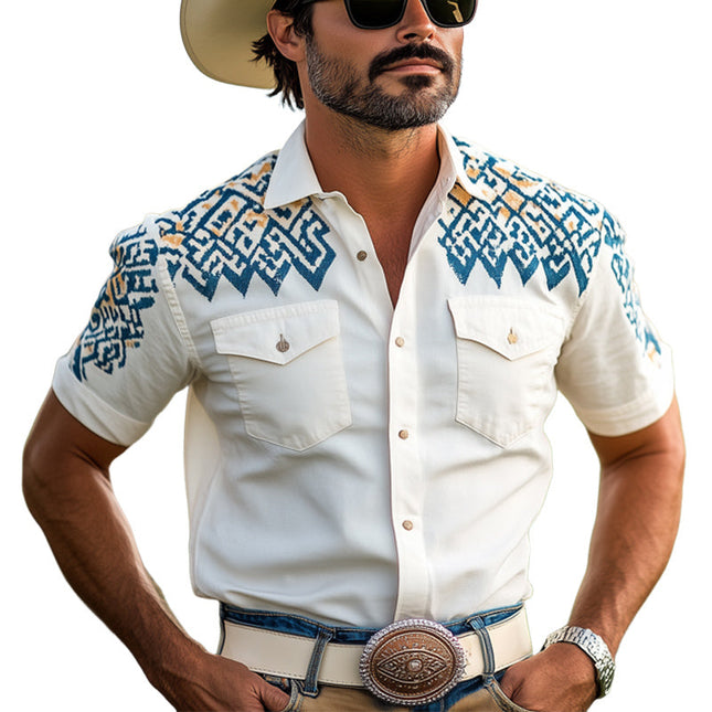 Men's Western Cowboy Shirt | Aztec Print | Short Sleeve | Vibrant Patterns | Cotton Blend | Relaxed Fit | Classic Lapel Collar | Button-Up Front | Casual Summer Clothing | Sizes Available