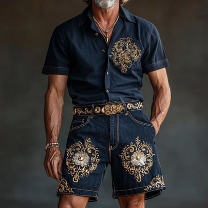 Men's Vintage Style Short Sleeve Shirt | Embroidered Lapel Design | Casual Button-Up | Retro Fashion | Relaxed Fit | Breathable Fabric | Perfect for Festivals & Gatherings