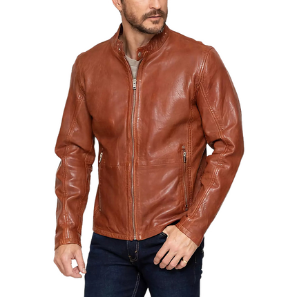 Men's Vintage Leather Jacket | Orange Snap Collar | Zipper Front | Retro Style | Long Sleeve | PU Leather | Side Pockets | Bold Statement Outerwear