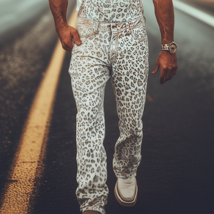 Men's Retro Western Style Washed Denim Overalls | Distressed Look | Leopard Print Accents | Spring and Summer Fashion | Cowboy Inspired | Adjustable Straps | Breathable Fabric |  Rugged and Bold Design