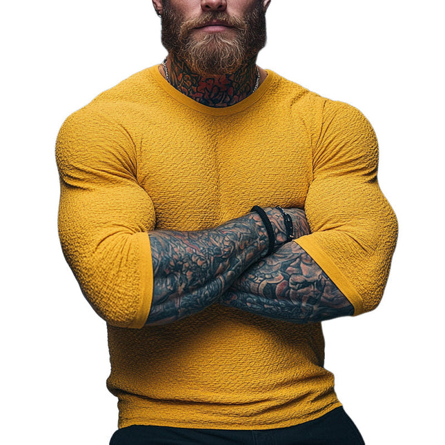 Men's Long Sleeve Textured Round Neck T-Shirt | Solid Color | Versatile Casual & Semi-Formal Wear | Comfortable Fit | High-Quality Durable Fabric | Modern Silhouette | Multiple Colors Available