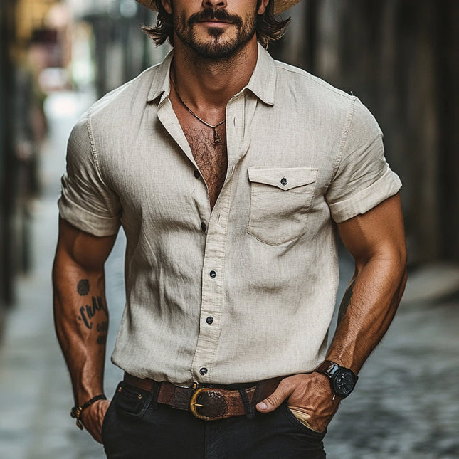 Men's Casual Dress Shirt | Cotton Linen Blend | Solid Color | Lapel Collar | Short Sleeve | Breathable and Comfortable | Versatile Wardrobe Essential | Semi-Formal & Casual Wear