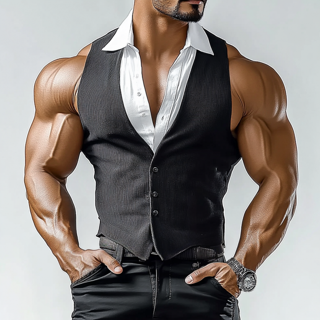 Men's Slim Fit Fake Two-Piece Vest | Shirt Collar | Single Breasted | Modern Tailored Design | Fashionable Stitching | Formal & Casual Style | Versatile Layering | High Quality Fabric | Multiple Sizes