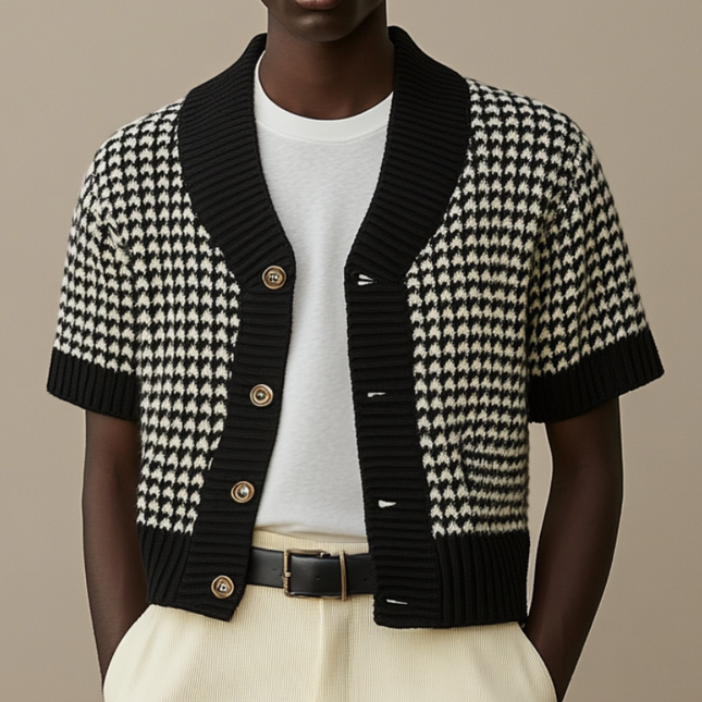 Men's Short Sleeve Cardigan | Contrast Houndstooth Jacquard Knit | Single Breasted | Casual Layering | Premium Fabric | Stylish & Comfortable | Versatile Smart Casual Outerwear